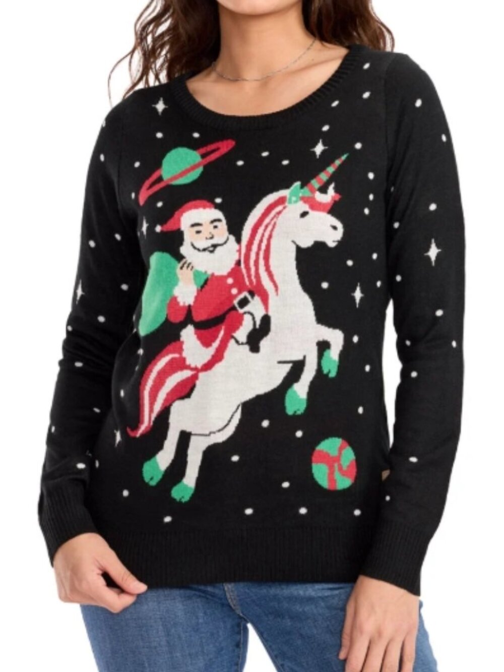 Tipsy Elves | Santa on Unicorn Black Holiday Sweater | Ugly Christmas Sweater